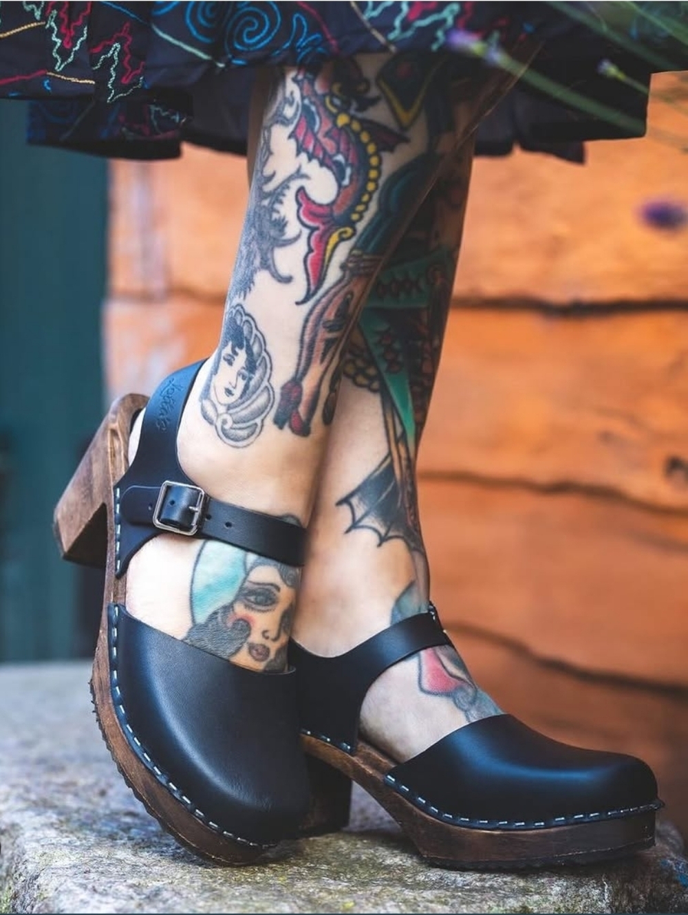 Lotta From Stockholm Black Leather Buckled Wood Clogs